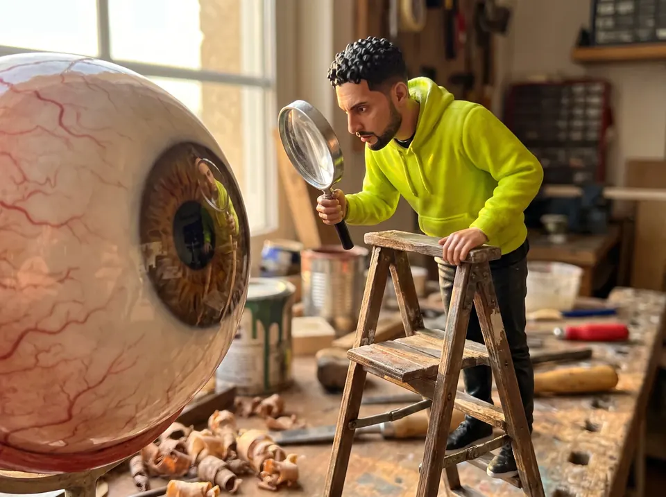 Una miniatura di Richy su una scaletta osserva con la lente un occhio gigante